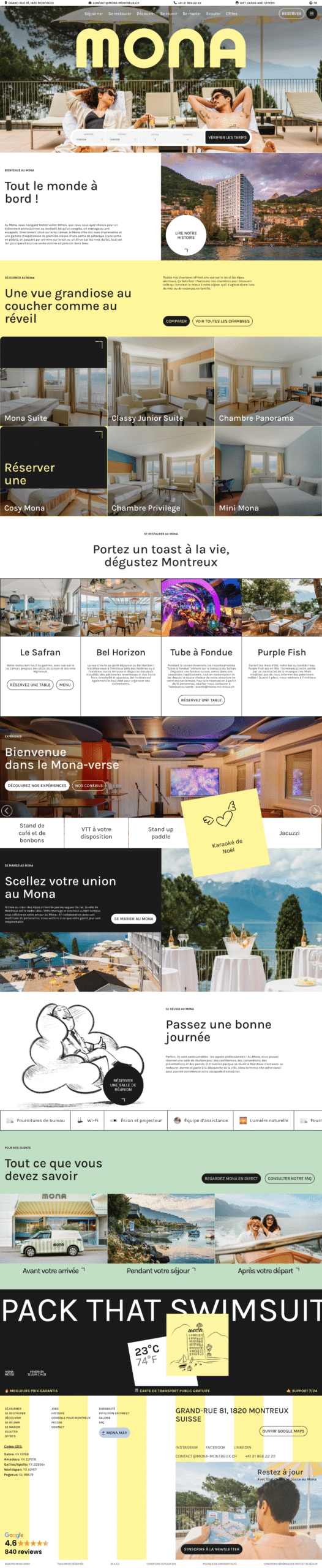 Vitrine du site web Mona avec divers éléments visuels et informations | Ergopix Sàrl