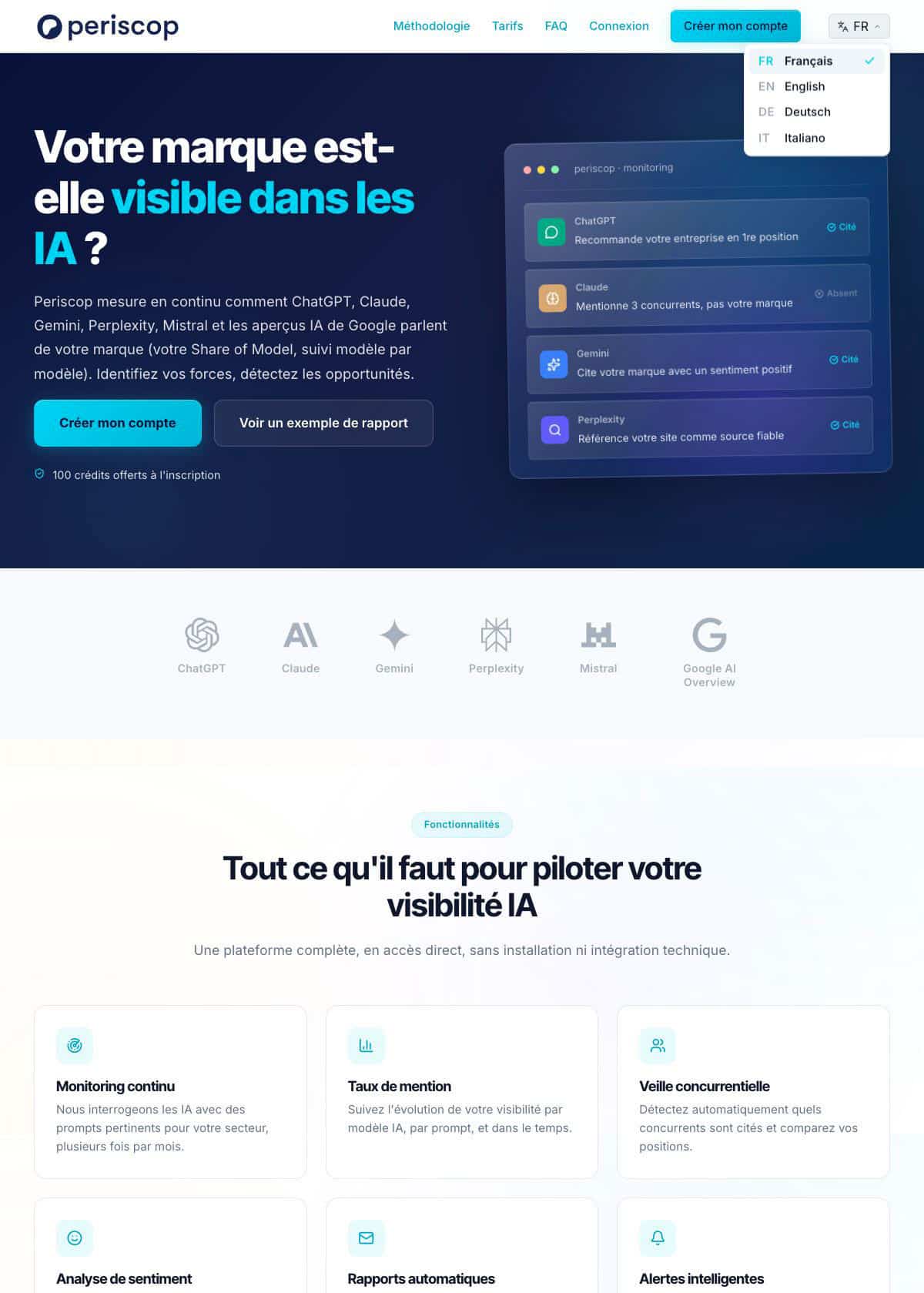 Interface du site Periscop avec informations sur la visibilité IA | Ergopix Sàrl